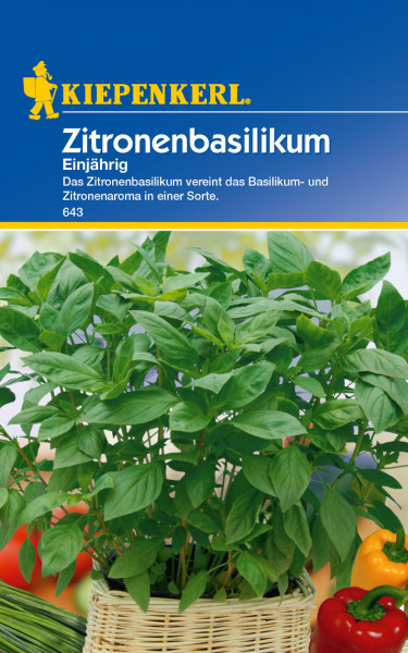 Produktbild von Kiepenkerl Zitronenbasilikum einjährig mit Beschreibung und Abbildung der Pflanze in einem Korb neben roter und gelber Paprika