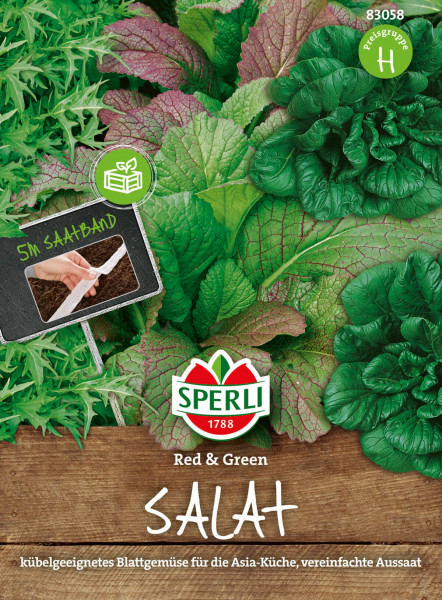 Produktbild von Sperli Salat Red and Green Kombination Saatband mit Darstellung grüner und roter Salatblätter sowie Informationen zu einfacher Aussaat und Eignung für die Asia-Küche.