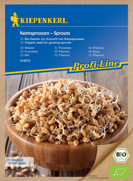 Produktbild von Kiepenkerl BIO Keimsprossen Weizen mit Verpackung auf der frische Sprossen in einer Holzschale abgebildet sind und Informationen auf Deutsch und anderen Sprachen enthalten.