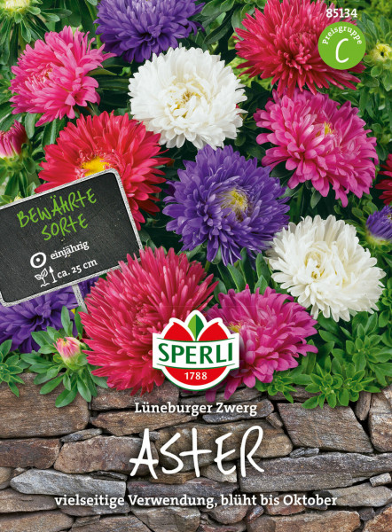 Produktbild von Sperli Aster Lüneburger Zwerg mit bunten Astern, Informationen zu Einjährigkeit und Pflanzenhöhe, Sperli-Logo, Preisgruppe C und Hinweis auf vielseitige Verwendung sowie Blüte bis Oktober.